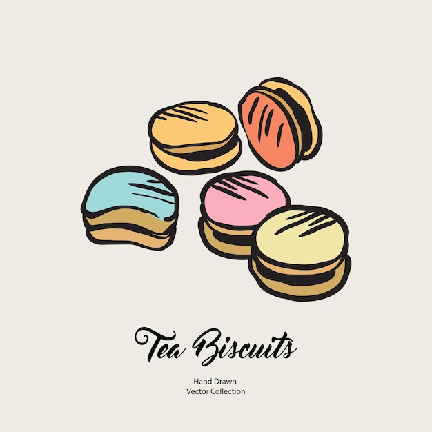 Macarons isolado ilustração em vetor linha desenhada mão no estilo antigo. Biscoitos de chá de vetor, biscoitos para cozinhar o logotipo, design de embalagem, menu de café, banner, base, café em estilo retrô desenhado à mão.
