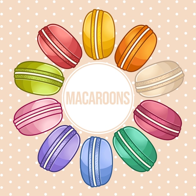 Vetor macaroons franceses de sobremesa ou macaron padrão de vetor sem costura para tecidos de embrulho de papel desenhos animados design plano ilustração arte cores pastel em fundo colorido