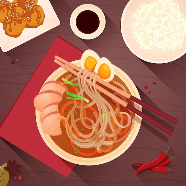 Macarrão chinês com carne, ovos e legumes. Receita de Ramen Asiático
