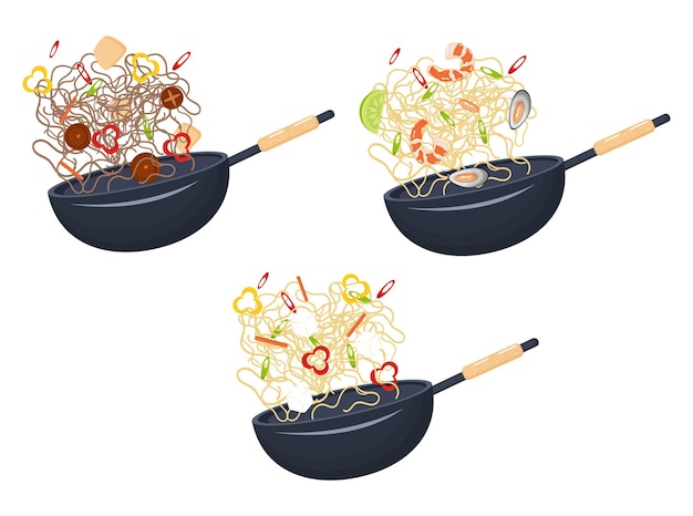 Macarrão chinês com recheios diferentes na panela wok. conjunto de ilustração vetorial.