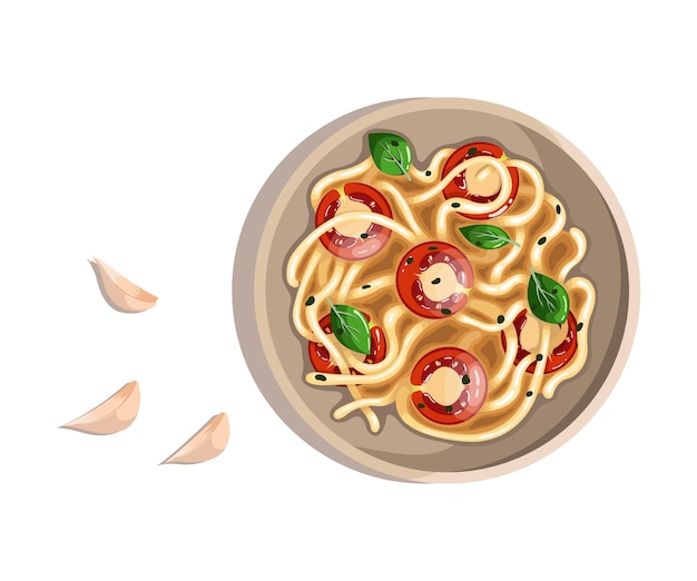 Macarrão com ilustração vetorial de tomate em estilo simples