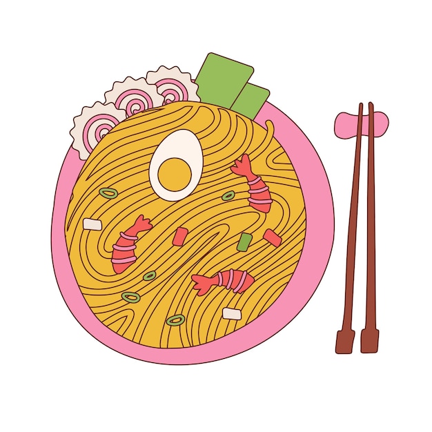 Macarrão de alga wakame com macarrão de ramen de ovo com narutomaki nori e tigela de camarão com foo asiático