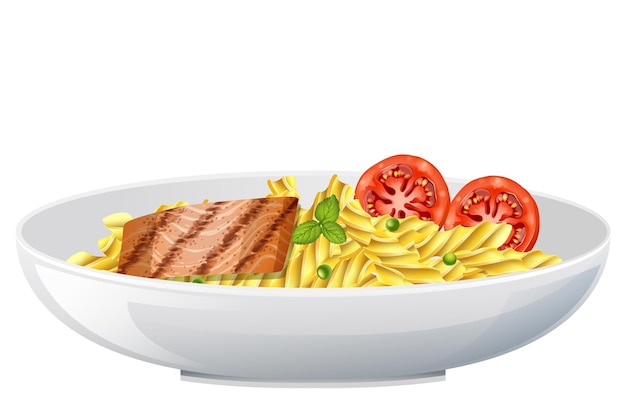 Vetor macarrão fusilli com bife de peixe e tomate