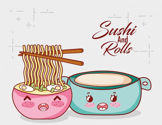 Macarrão kawaii em sopa e maconha comida japonesa cartoon, sushi e rolos