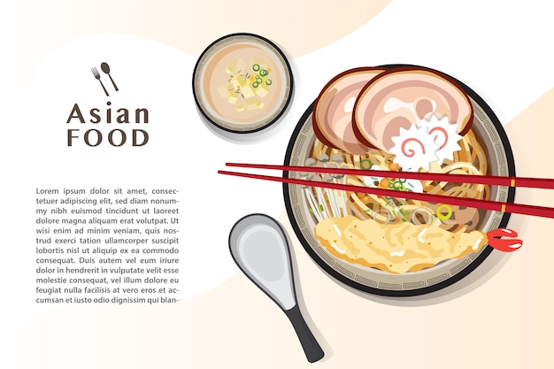 Macarrão ramen, sopa de macarrão tradicional asiática, vetor de ilustração.