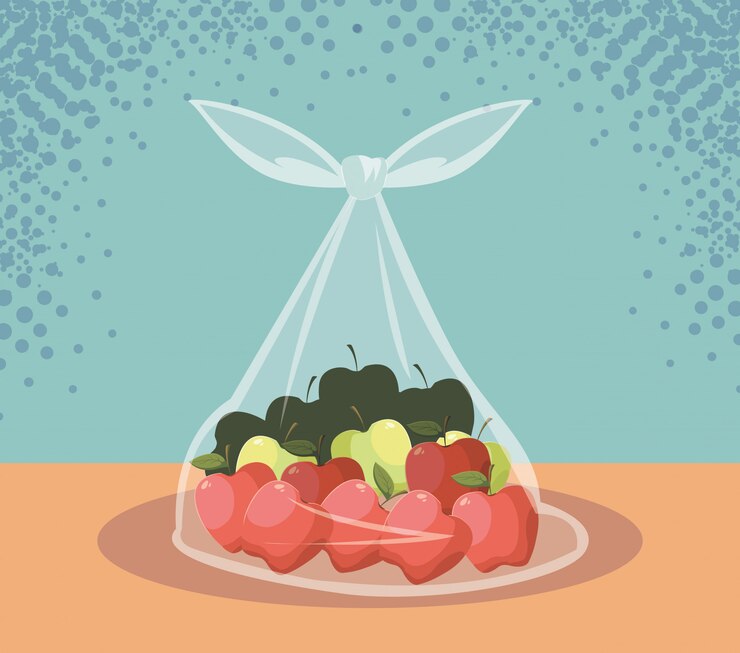 Vetor maçãs frescas frutas em saco plástico