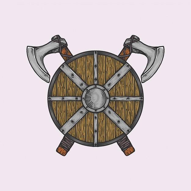 Vetor machado vintage handdrawn e escudo de viking