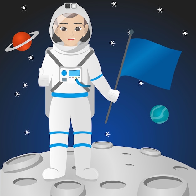 Macho astronauta segurando o capacete / bandeira