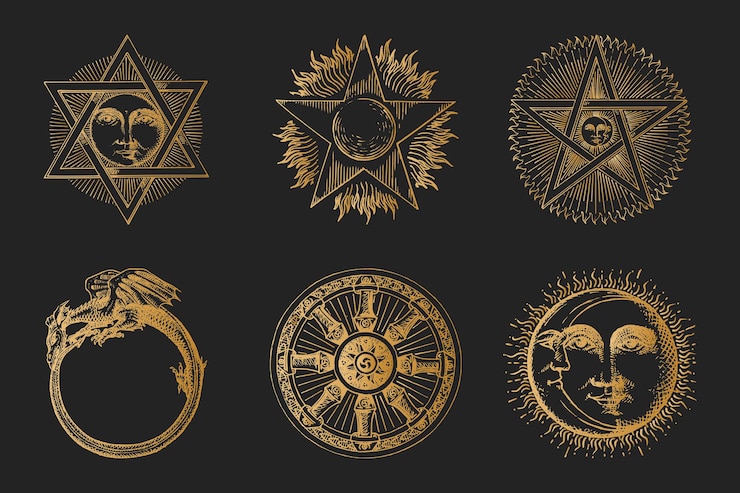 Vetor maçonaria e símbolos místicos, esboços desenhados. conjunto de ilustrações vetoriais em estilo de gravura. pastiche vintage de sinais esotéricos e ocultos.