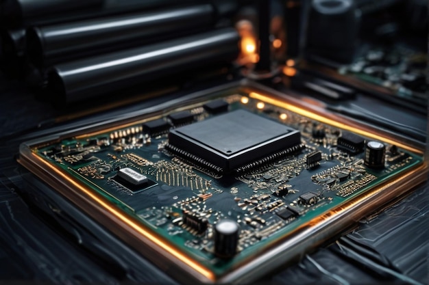 Vetor macro close up de componentes e microchips em placas de circuito de pc