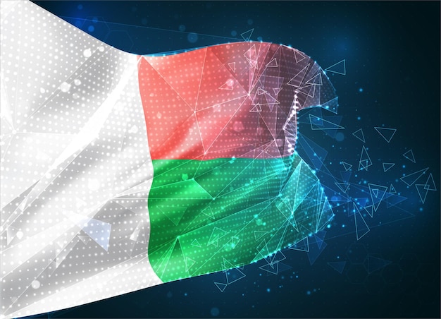 Madagascar, bandeira vetorial, objeto virtual 3d abstrato de polígonos triangulares em um fundo azul