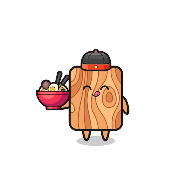 Madeira de prancha como mascote de chef chinês segurando uma tigela de macarrão