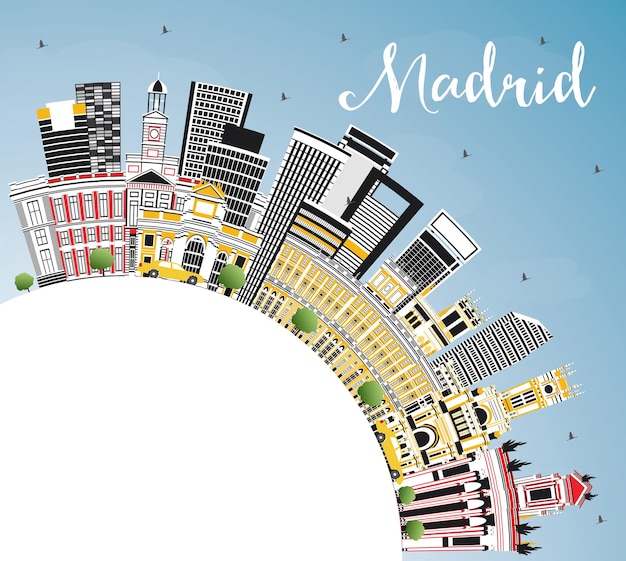 Madrid espanha city skyline com gray edifícios, azul céu e espaço de cópia. ilustração vetorial. viagem de negócios e conceito de turismo com arquitetura histórica. madrid cityscape com pontos turísticos.