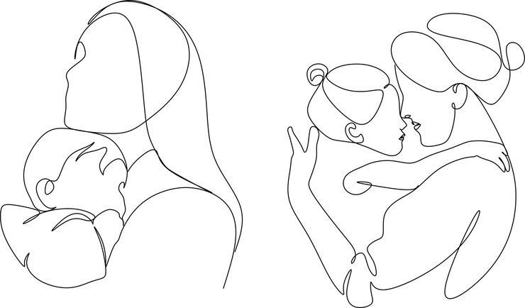 Mãe abstrata com uma criança em estilo de arte de desenho contínuo de uma linha. cartão dia das mães