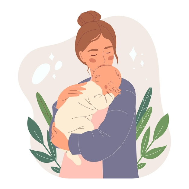 Mãe aconchegando um bebê adormecido em seus braços