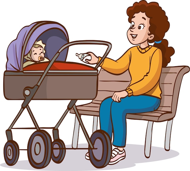 Mãe alimentando o bebê em um carrinho em um banco do parque