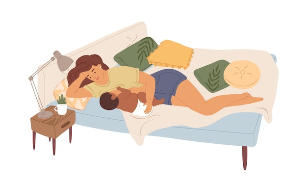 Mãe amamentando bebê recém-nascido. Mãe feliz na cama com a criança, que amamentando. Mulher jovem alimentando bebê de pele negra com leite materno. Ilustração em vetor plana colorida isolada no branco.