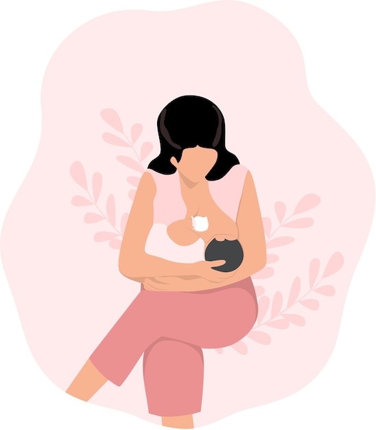 mãe amamentando o bebê em um fundo rosa