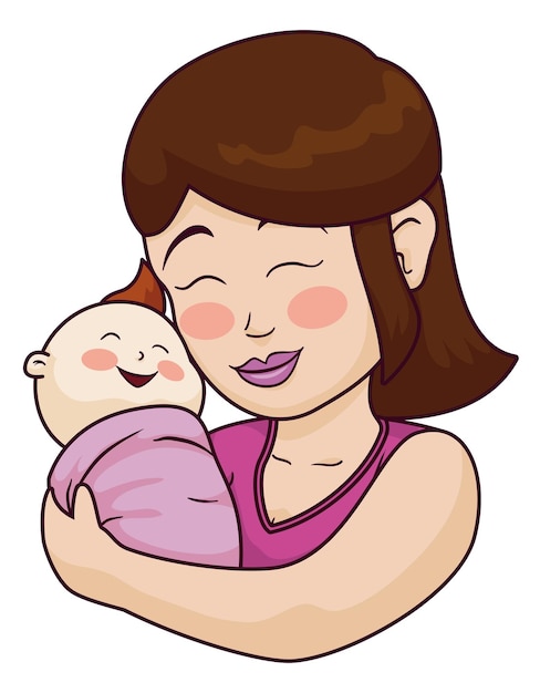 Mãe bonita e feliz carregando seu bebê recém-nascido com gesto ruborizado cabelo castanho e roupas cor-de-rosa