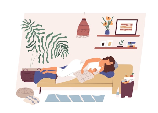 Mãe cansada e feliz com bebê recém-nascido dormindo juntos no quarto moderno e aconchegante. mãe e filho deitado na cama. ilustração em vetor plana colorida isolada no fundo branco.