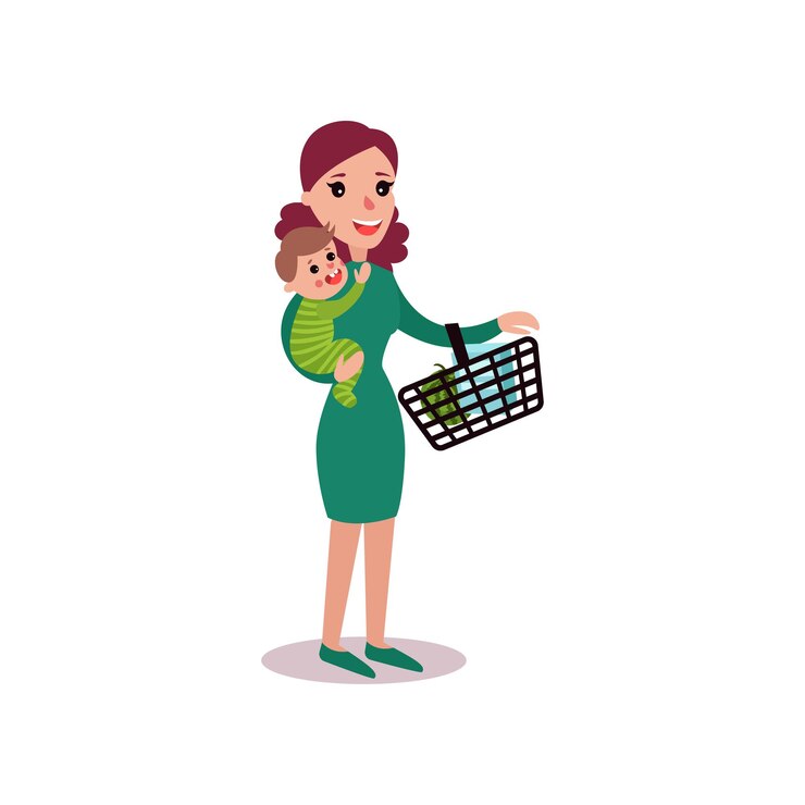 Vetor mãe carregando uma cesta de compras em um braço e bebê no outro, vetor de conceito super mãe ilustração isolado em um fundo branco