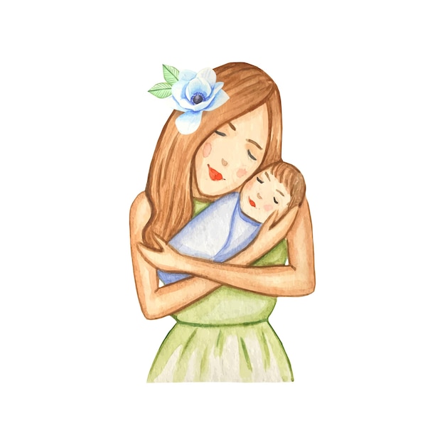 Mãe com bebê mãe segura o bebê em seus braços ilustração em aquarela