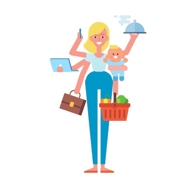 Mãe com bebê trabalhando cozinhando limpeza e fazendo compras mulher multitarefa vetor desenho plano