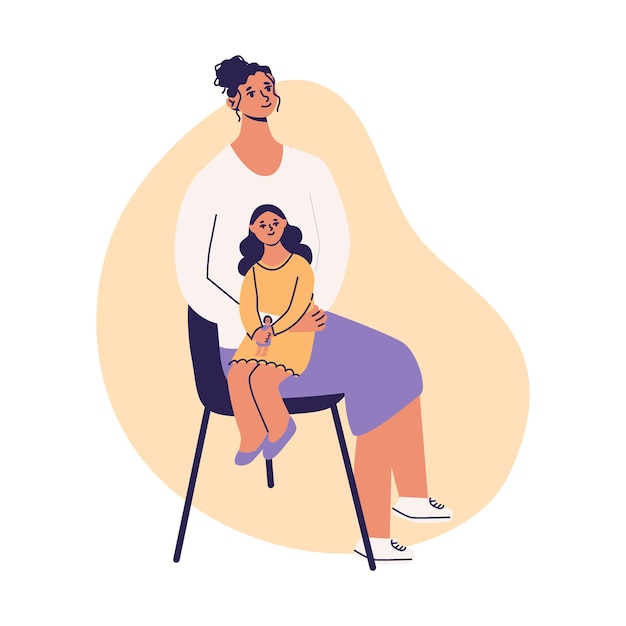 Mãe com filha menina sentada no colo da mãe ilustração vetorial plana isolada em um fundo branco