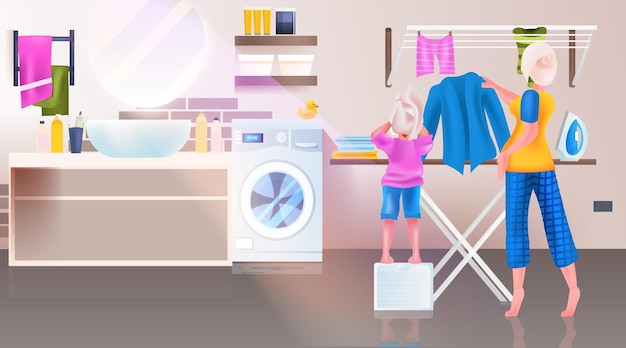 Mãe com filha passando roupas no banheiro, ilustração vetorial horizontal de corpo inteiro