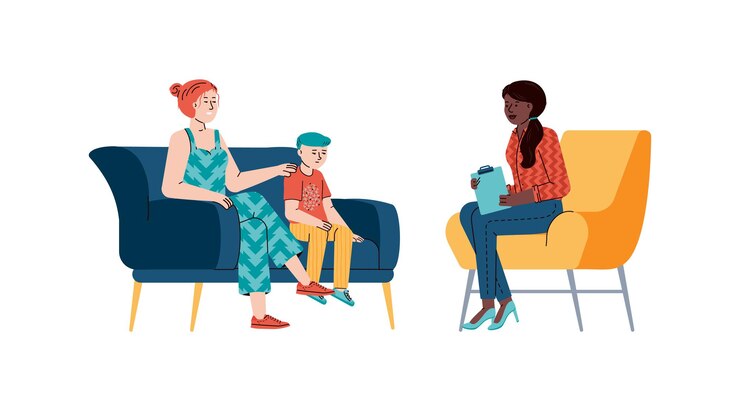 Vetor mãe com filho na sessão de terapia do psicólogo, uma ilustração vetorial