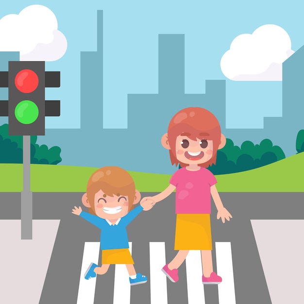mãe com filhos atravessando a rua Premium Vector
