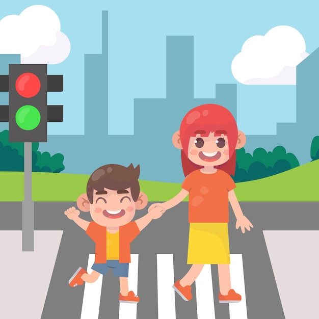 mãe com filhos atravessando a rua Premium Vector