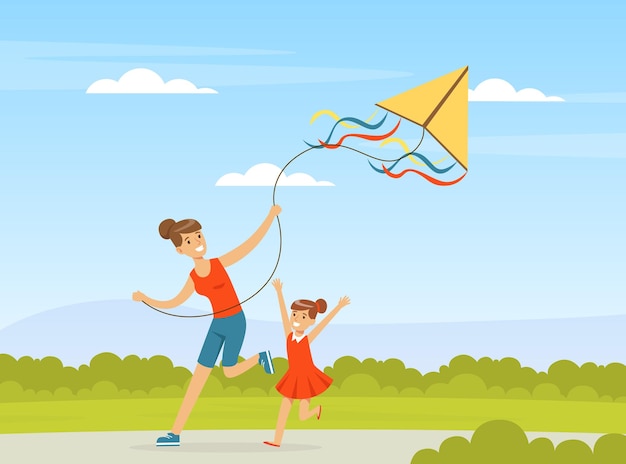 Mãe com sua filha voando com uma cometa jogando ilustração vetorial ao ar livre