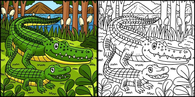 Mãe crocodilo e ilustração de filhote