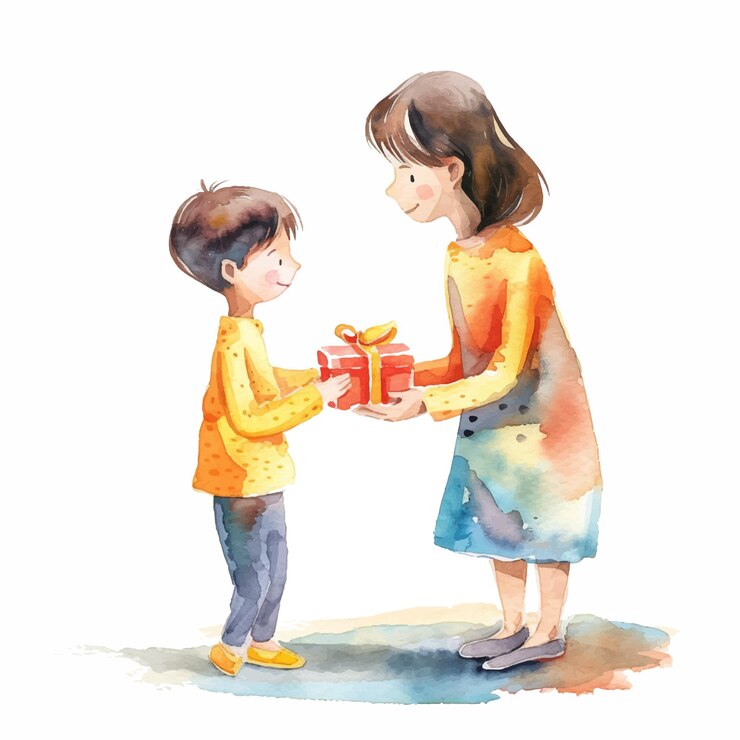 Vetor mãe dando presente ao filho de pintura aquarela