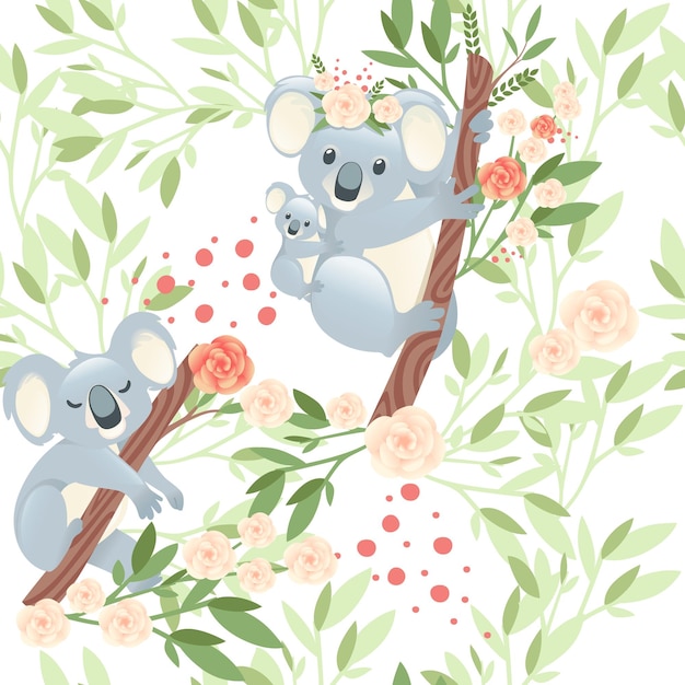 Vetor mãe de coala cinzenta fofa padrão sem costura com ilustração vetorial plana de crianças pequenas em fundo branco com flores