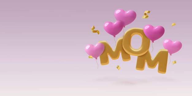 Mãe de ouro palavra d realista dia das mães fundo com balões de coração rosa e copiar espaço