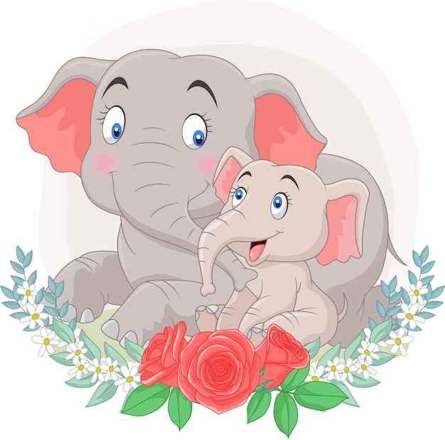 Mãe dos desenhos animados e bebê elefante sentado com fundo de flores