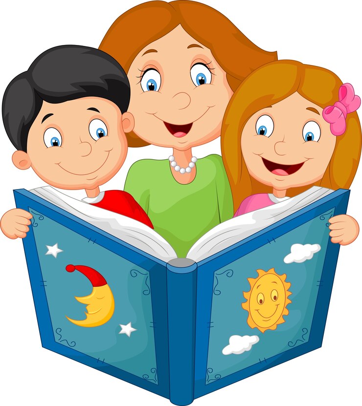 Vetor mãe dos desenhos animados, lendo com seus filhos