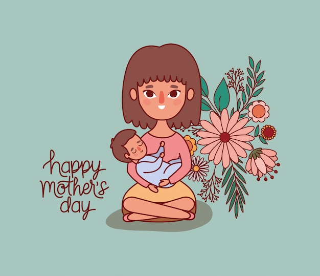 Mãe e bebê cartoon com flores e folhas