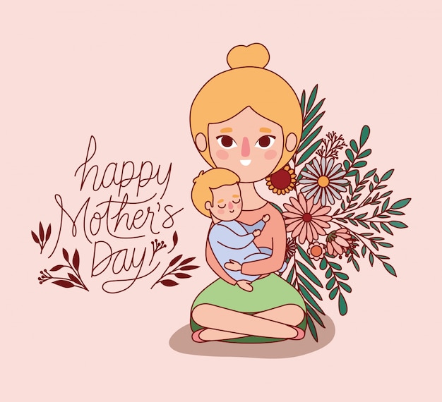 Mãe e bebê cartoon com flores e folhas