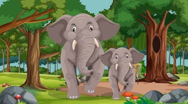 Mãe e bebê de elefante em uma floresta ou cenário de floresta tropical com muitas árvores