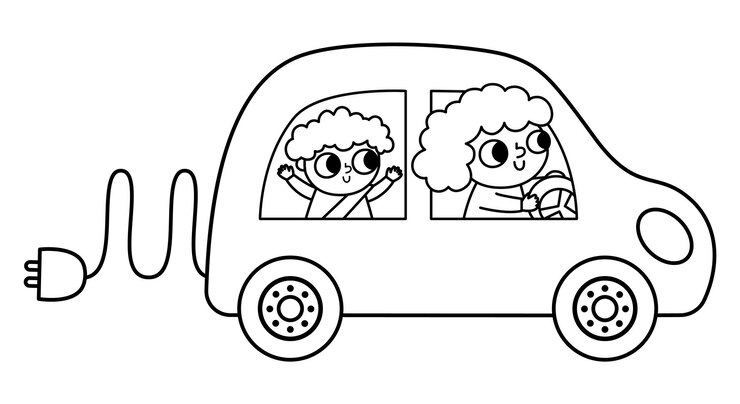 Vetor mãe e bebê em preto e branco dirigindo carro elétrico conceito de linha de transporte alternativa ilustração do dia da terra com a família sobre transporte ecológico ícone de redução de emissões ou página de coloração