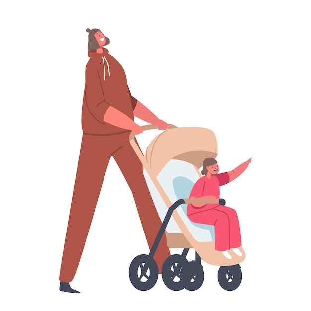 Mãe e criança no carrinho de bebê na caminhada. bebê sentado no carrinho. mãe andando com criança no carrinho. passeio de personagens da família isolado no fundo branco. ilustração em vetor desenho animado