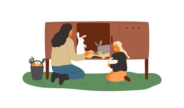 Mãe e filha alimentando coelhos na cela com cenoura. cena de fazenda rural com animais domésticos fofos e pessoas cuidando deles. ilustração em vetor plana dos desenhos animados isolada no fundo branco.