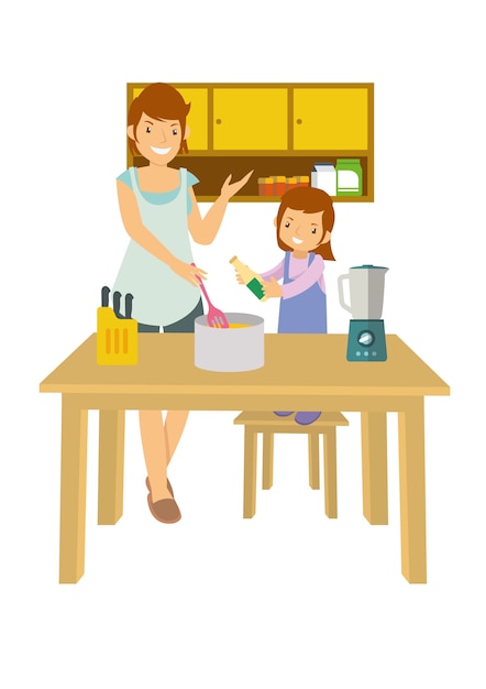 Mãe e filha aprendendo a cozinhar