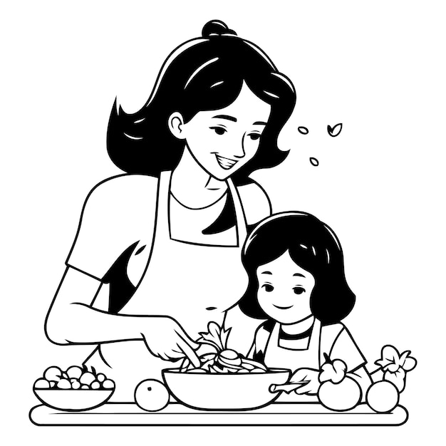 Vetor mãe e filha cozinhando juntas ilustração vetorial em estilo de desenho animado em fundo branco