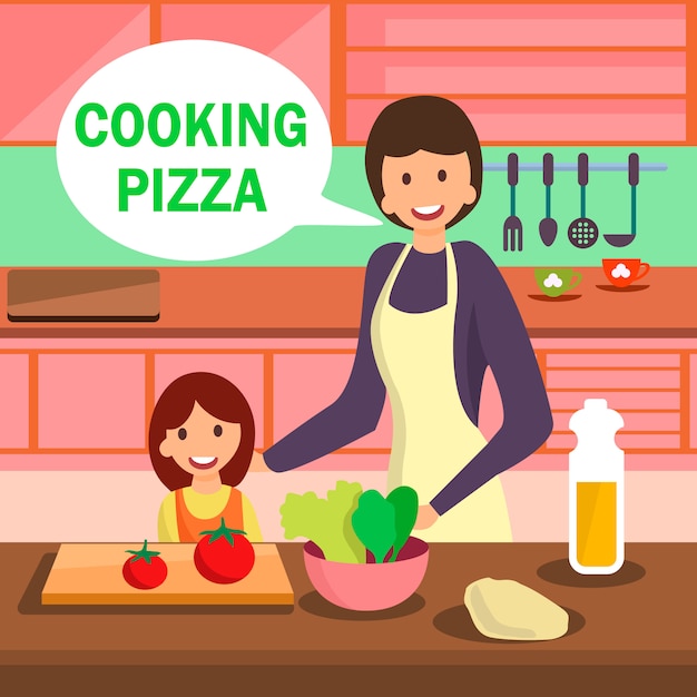 Vetor mãe e filha cozinhar pizza ilustração