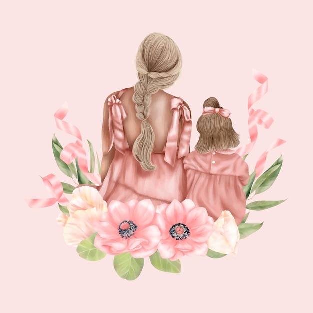 Mãe e filha de volta com flores em vestidos rosa Dia das mães feriado