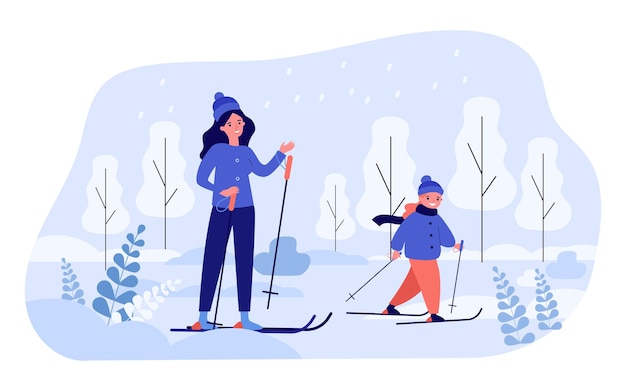 Mãe e filha esquiando juntas. ilustração em vetor plana. mulher, menina com roupas de inverno, esquiando sob a neve, desfrutando da companhia um do outro. família, férias de inverno, esporte, conceito de infância